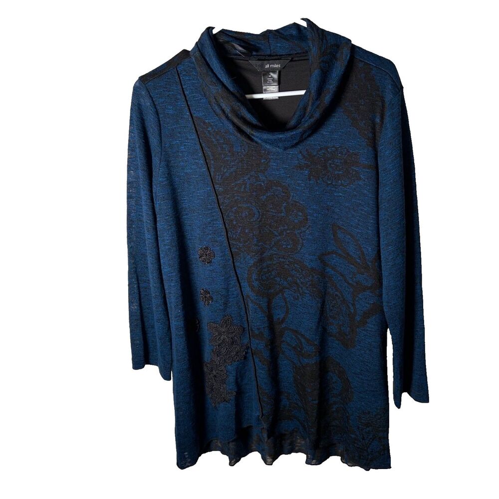 Ali Miles Blouse Women's Medium Blue Floral 3/4 Sleeve Cowl Neck Artsy Shirt